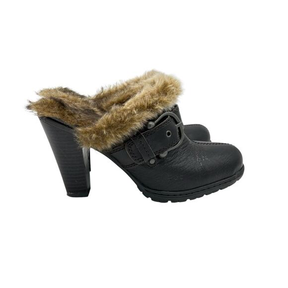 boc Brown Leather Faux Fur Clogs Womens Size 7 High Heeled Mules Edgy Fun - Picture 1 of 10